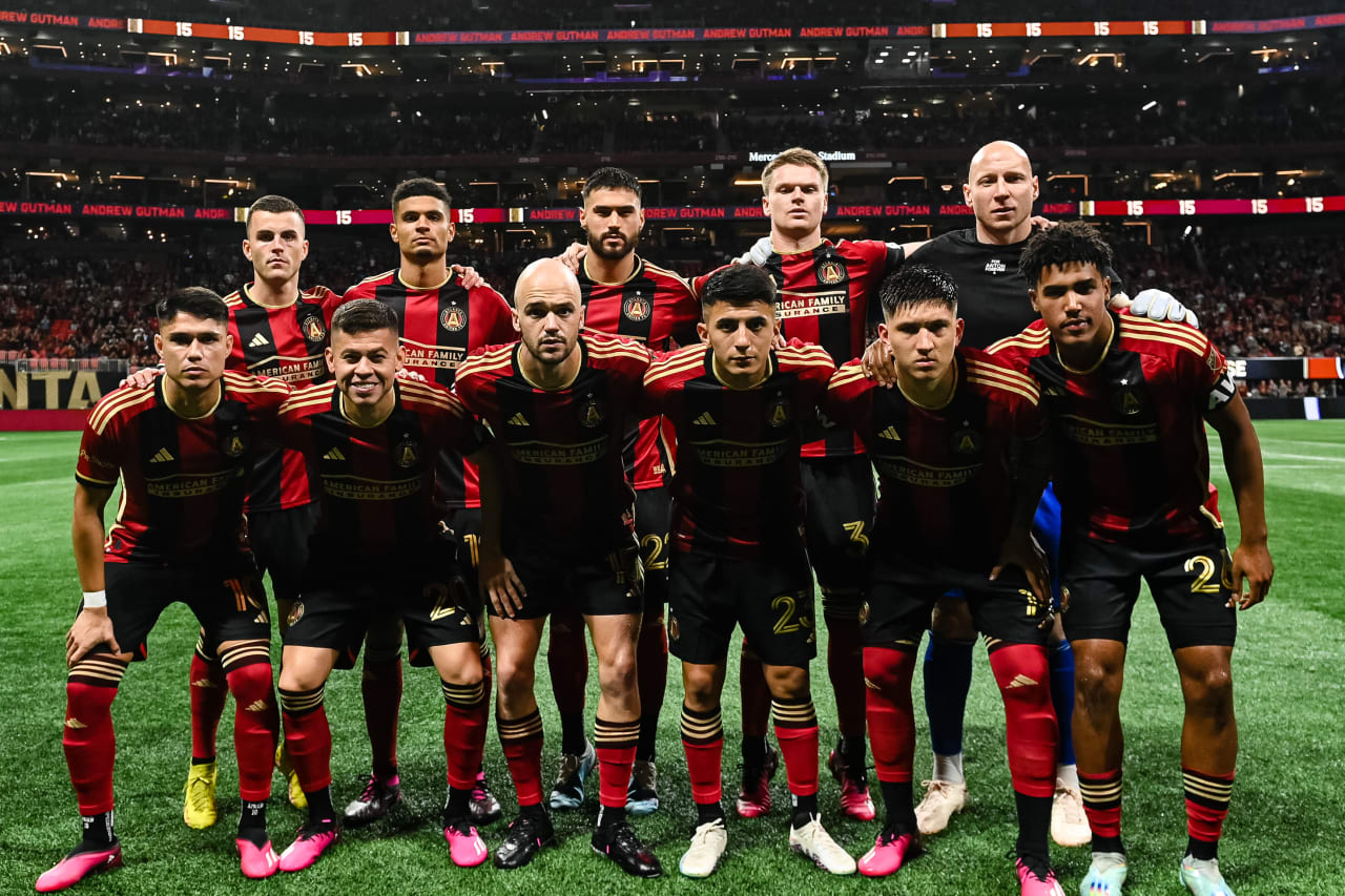 The starting XI pose for a photo before the match against San Jose Earthquakes at Mercedes-Benz Stadium in Atlanta, GA on Saturday February 25, 2023. (Photo by Mitchell Martin/Atlanta United)