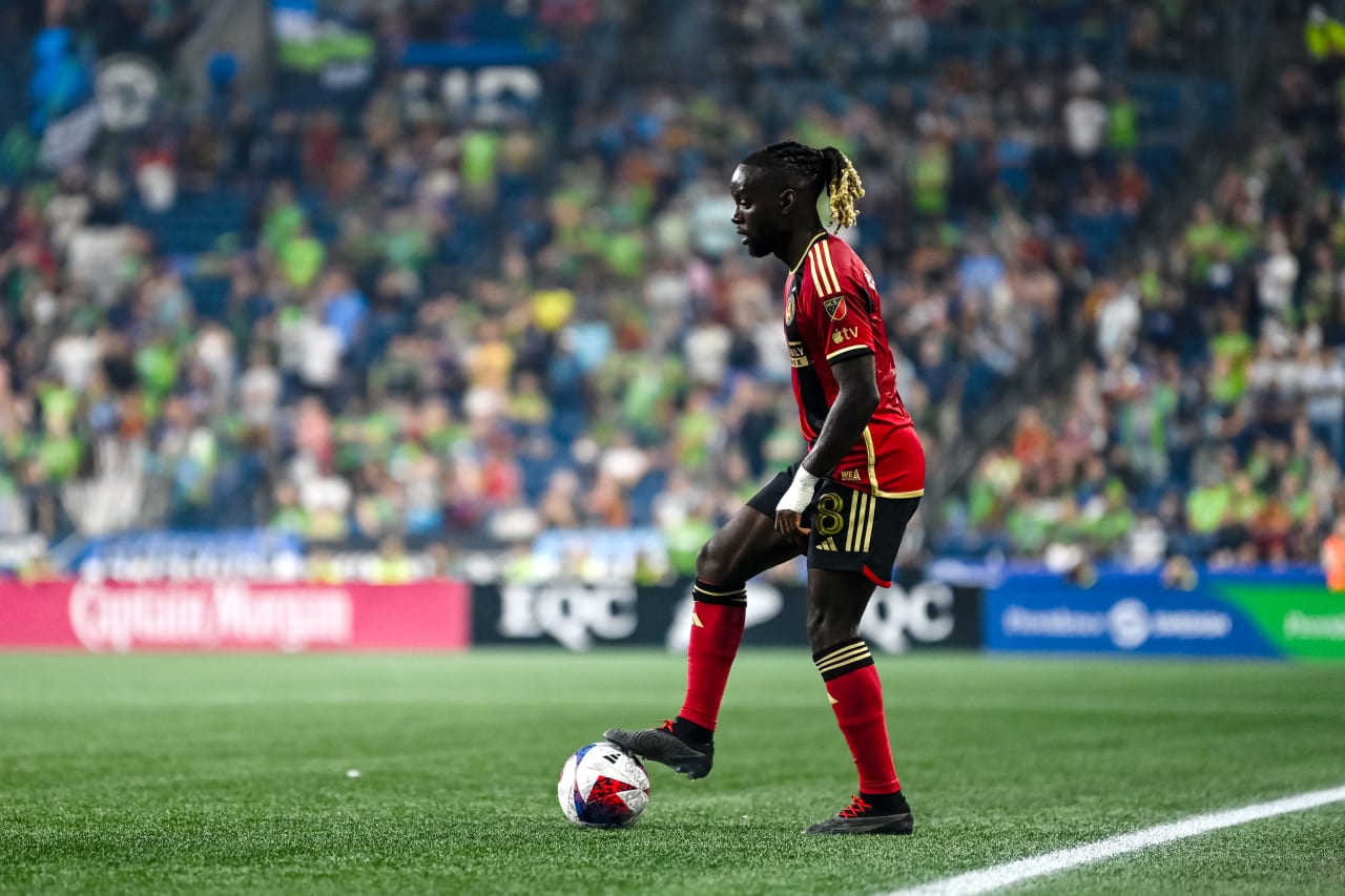 Atlanta United midfielder Tristan Muyumba #8 controls the ball during the first half of the match against Seattle Sounders FC at Lumen Field in Seattle, WA on Sunday, August 20, 2023. (Photo by Mitch Martin/Atlanta United)