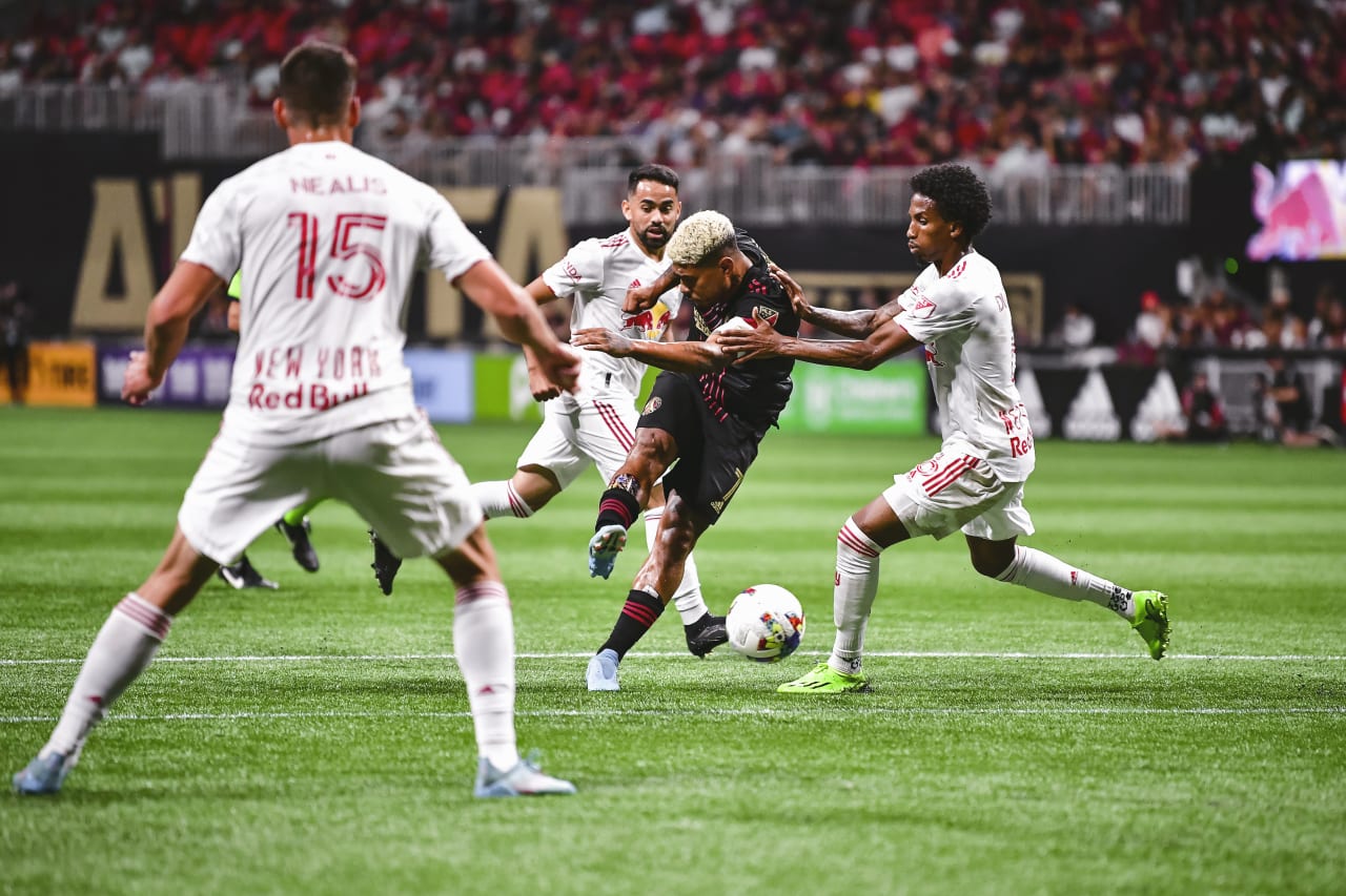 Atlanta United forward Josef Martinez #7 with an attempt on goal during the match against New York Red Bulls at Mercedes-Benz Stadium in Atlanta, United States on Wednesday August 17, 2022. (Photo by Kyle Hess/Atlanta United)