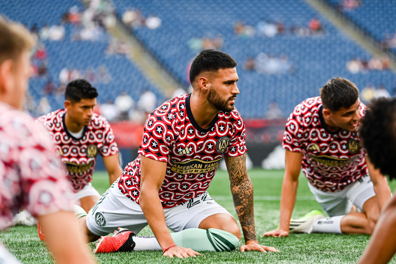 Atlanta United defender Juan José Sanchez Purata #22 warms up before the match against New England Revolution at Gillette Stadium in Foxborough, MA on Wednesday, July 12, 2023. (Photo by Jay Bendlin/Atlanta United)