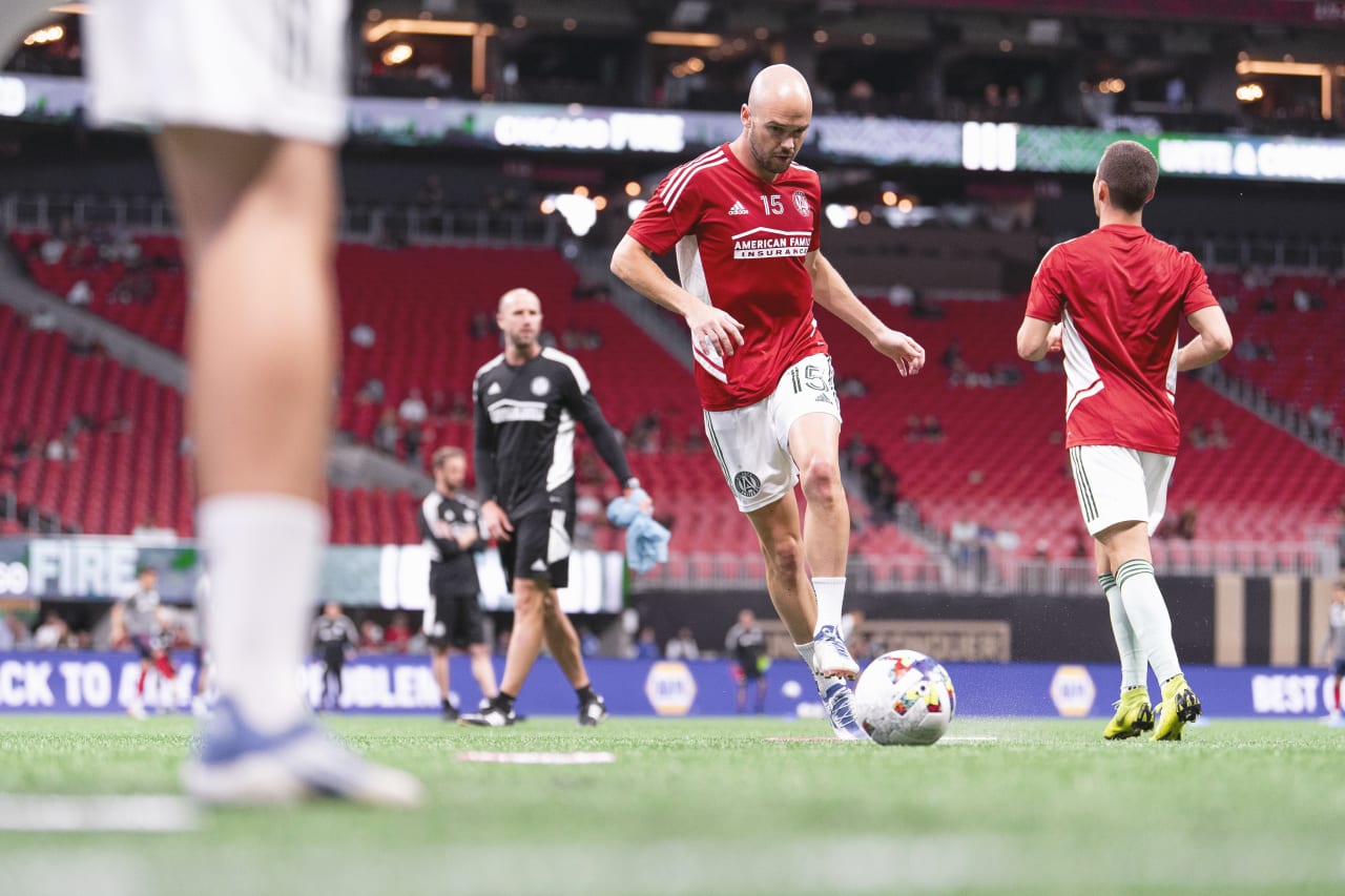 Atlanta United defender Andrew Gutman #15 warms up before the match against Chicago Fire FC at Mercedes-Benz Stadium in Atlanta, United States on Saturday May 7, 2022. (Photo by Dakota Williams/Atlanta United)