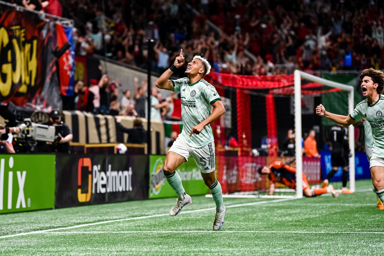 Atlanta United midfielder Nick Firmino #51 celebrates after scoring a goal in the second half during the match against New York City FC at Mercedes-Benz Stadium in Atlanta, GA on Wednesday, June 21, 2023. (Photo by Donald Miralle/Atlanta United)