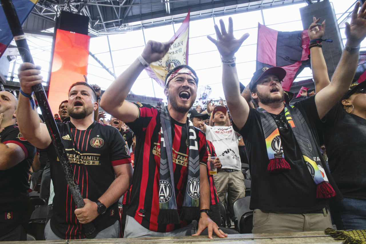 Atlanta United supporters celebrate after the match against Inter Miami CF at Mercedes-Benz Stadium in Atlanta, Georgia, on Sunday June 19, 2022. (Photo by Kathryn Skeean/Atlanta United)