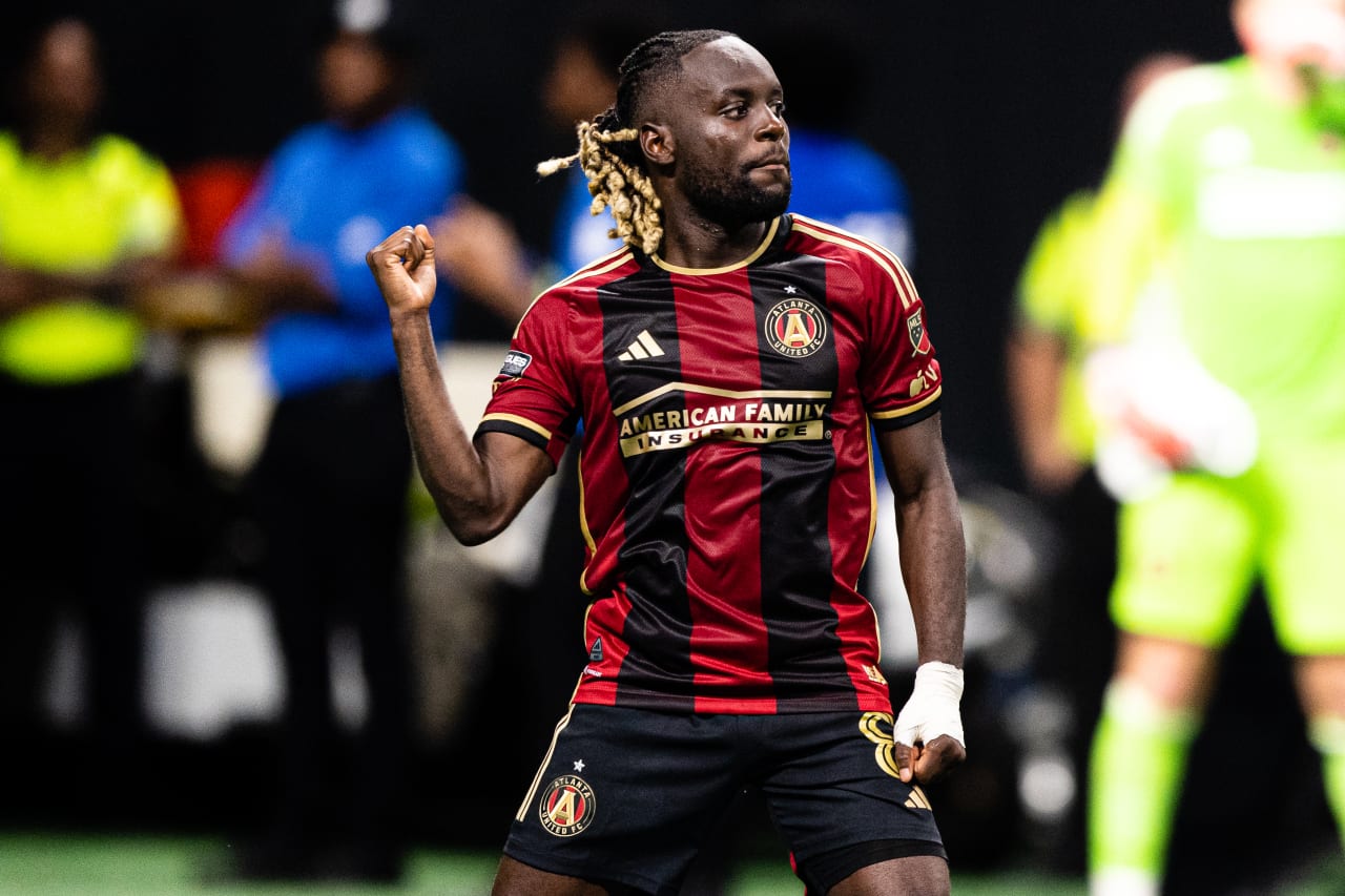 Atlanta United midfielder Tristan Muyumba #8 reacts after a penalty kick goal during the Leagues Cup match against Cruz Azul at Mercedes-Benz Stadium in Atlanta, Ga. on Saturday, July 29, 2023. (Photo by Asher Greene/Atlanta United)