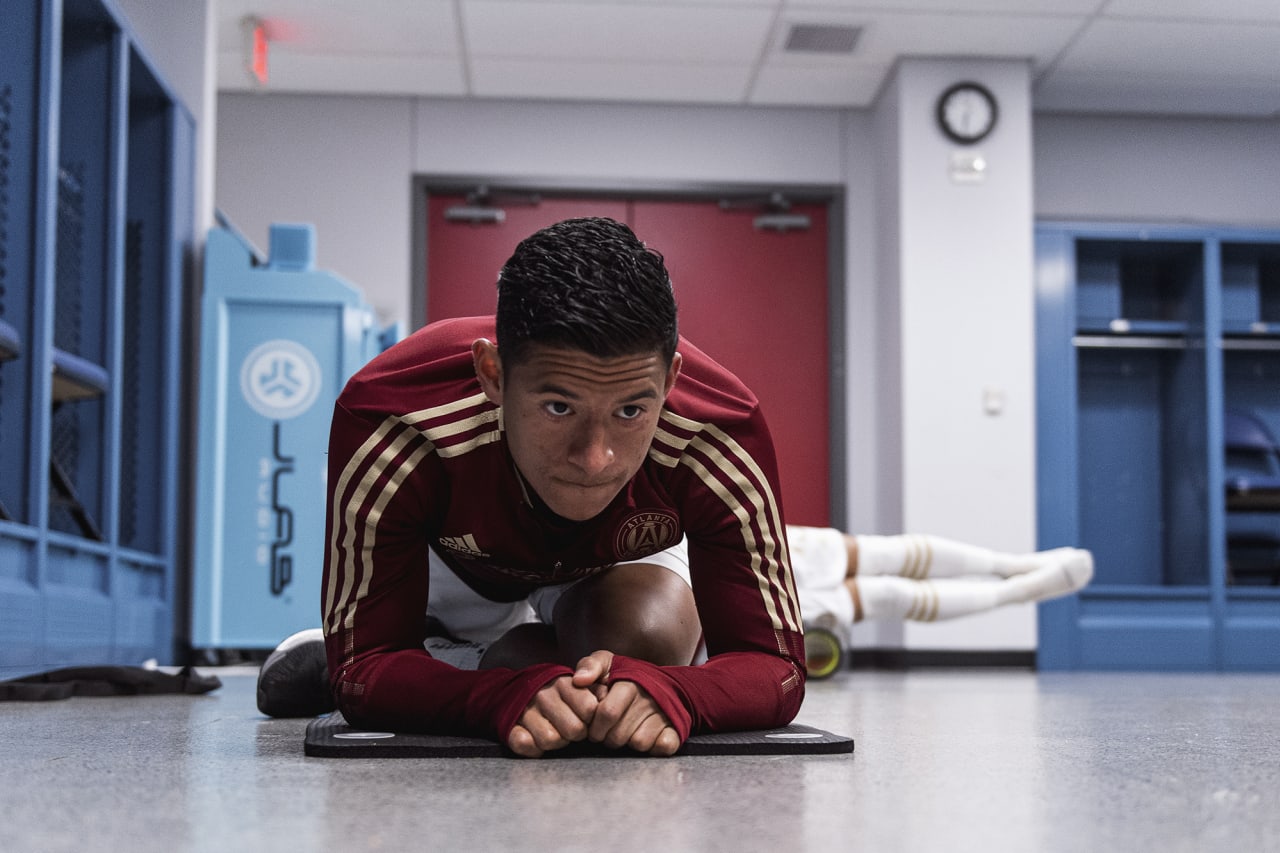 Atlanta United defender Ronald Hernandez #2 prepares in the locker room before the match against New York Red Bulls at Red Bull Arena in Harrison, New Jersey on Wednesday November 3, 2021. (Photo by Jacob Gonzalez/Atlanta United)