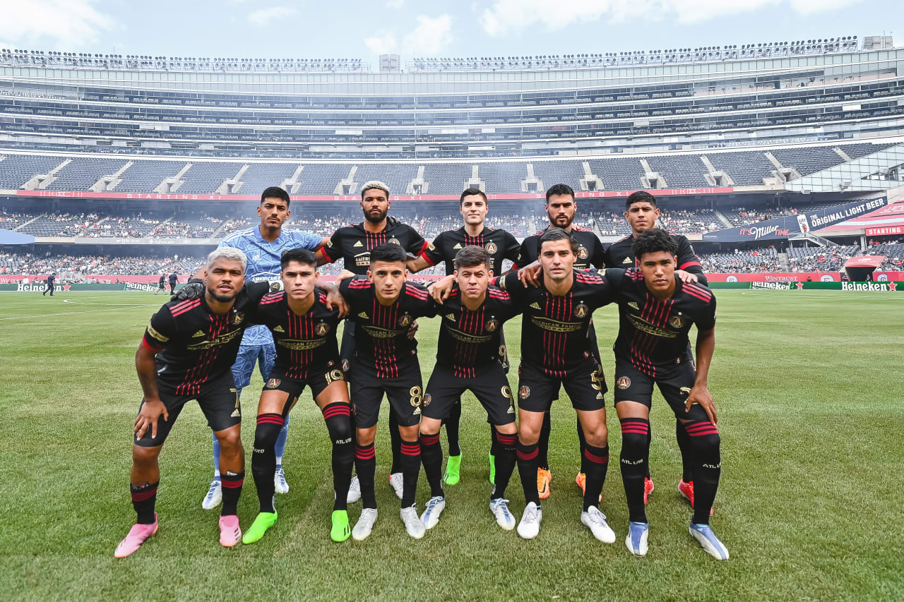 The Starting XI huddle during the match against Chicago Fire FC at Soldier Field in Chicago, United States on Saturday July 30, 2022. (Photo by Dakota Williams/Atlanta United)