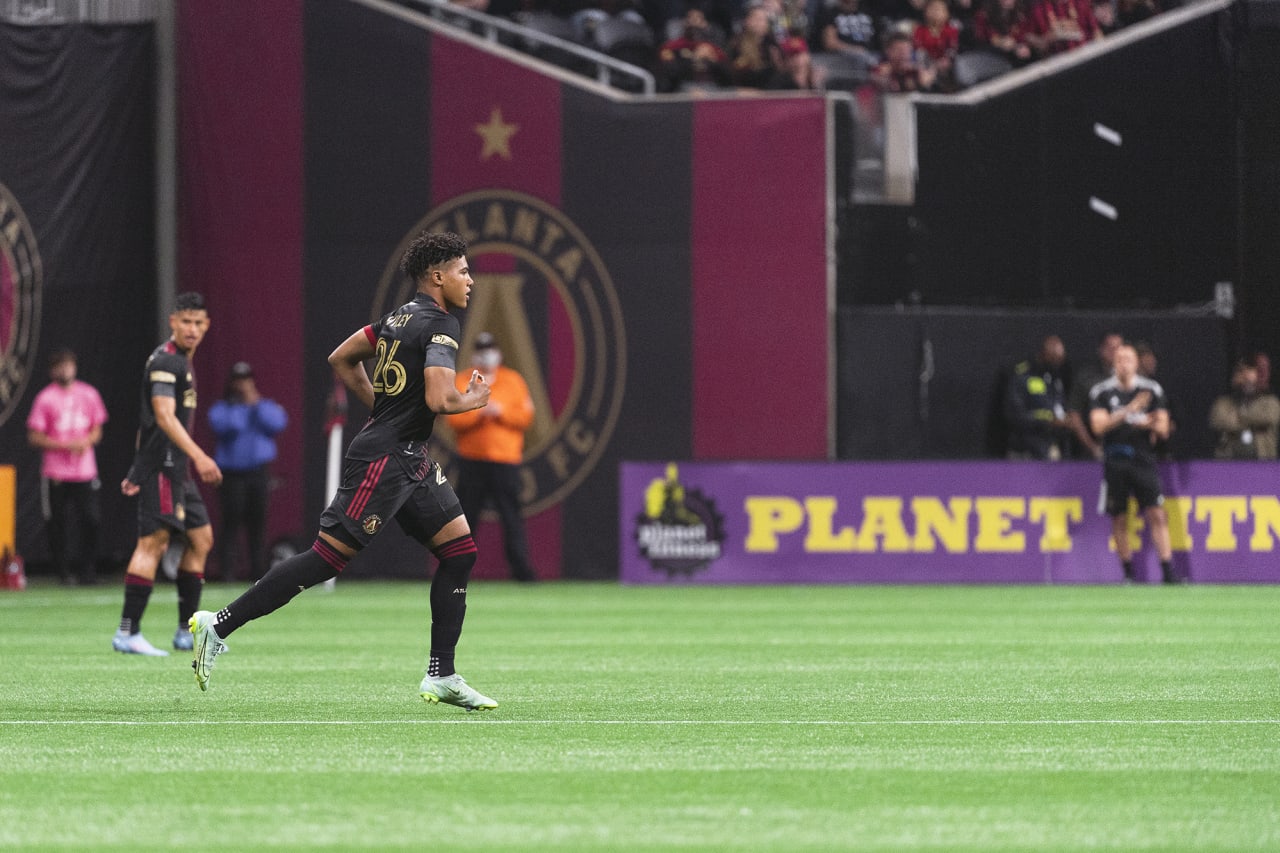 Atlanta United defender Caleb Wiley #26 is subbed in during the 2022 Opening Day match against Sporting Kansas City at Mercedes-Benz Stadium in Atlanta, United States on Sunday February 27, 2022. (Photo by Dakota Williams/Atlanta United)