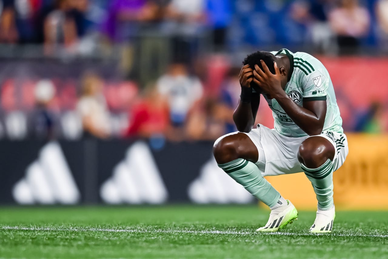 Atlanta United midfielder Derrick Etienne Jr. #18 reacts after  the match against New England Revolution at Gillette Stadium in Foxborough, MA on Wednesday, July 12, 2023. (Photo by Jay Bendlin/Atlanta United)