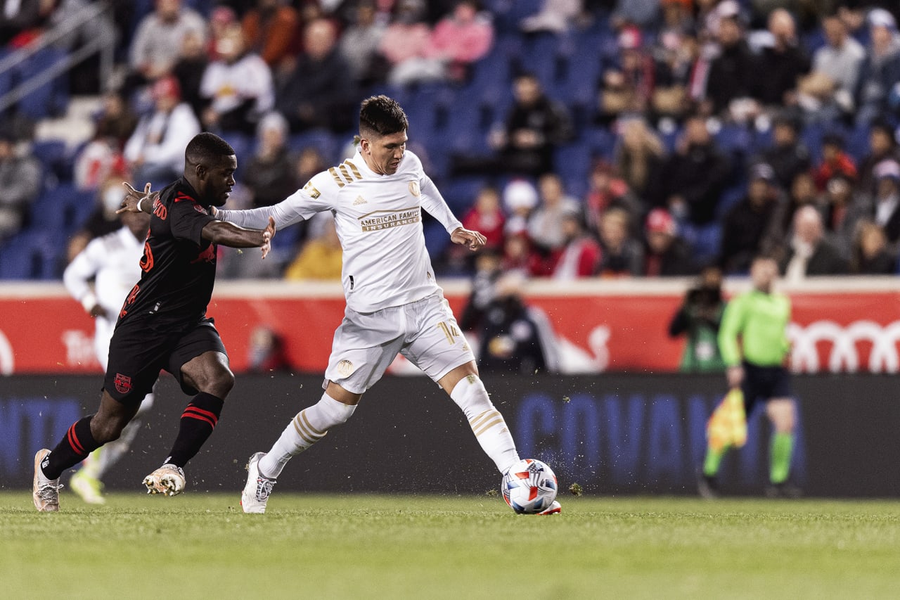 Atlanta United midfielder Franco Ibarra #14 dribbles the ball during the match against New York Red Bulls at Red Bull Arena in Harrison, New Jersey on Wednesday November 3, 2021. (Photo by Jacob Gonzalez/Atlanta United)