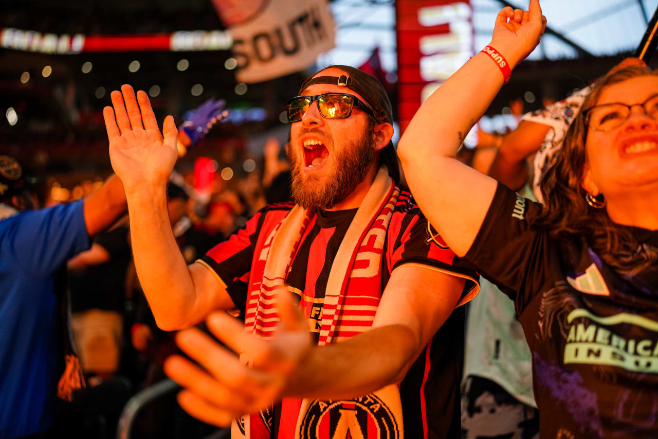 Fans cheer after a goal during the second half of the match against Inter Miami at Mercedes-Benz Stadium in Atlanta, GA on Saturday, September 16, 2023. (Photo by Matthew Grimes/Atlanta United)