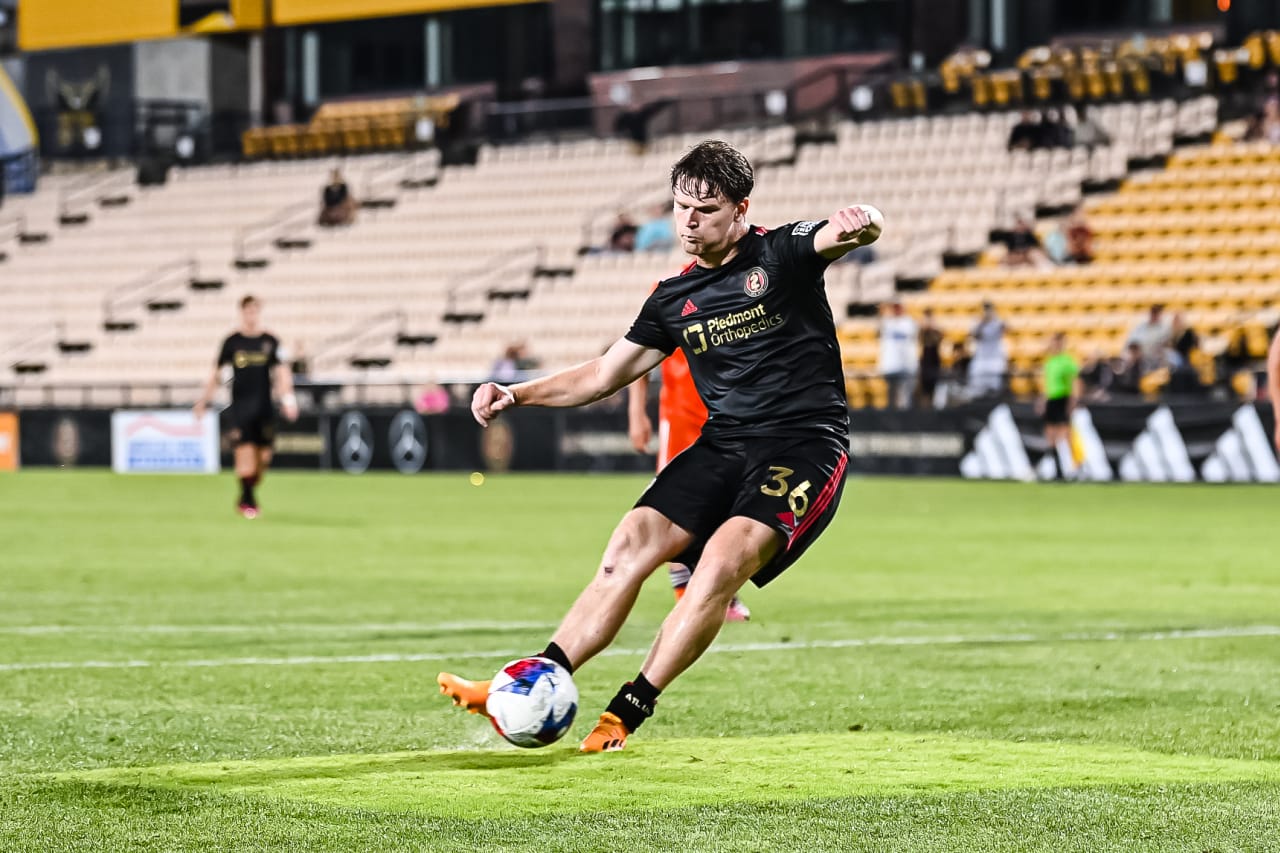 Atlanta United 2 forward Jackson Conway #36 takes a penalty kick during the MLS Next Pro match against New York City FC 2 at Fifth-Third Bank Stadium in Marietta, Ga. on Sunday, June 25, 2023. (Photo by Asher Greene/Atlanta United)
