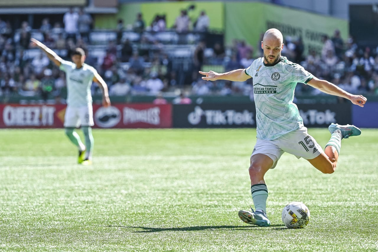 Atlanta United defender Andrew Gutman #15 kicks the ball during the first half of the match against Portland Timbers at Providence Park in Portland, United States on Sunday September 4, 2022. (Photo by Dakota Williams/Atlanta United)