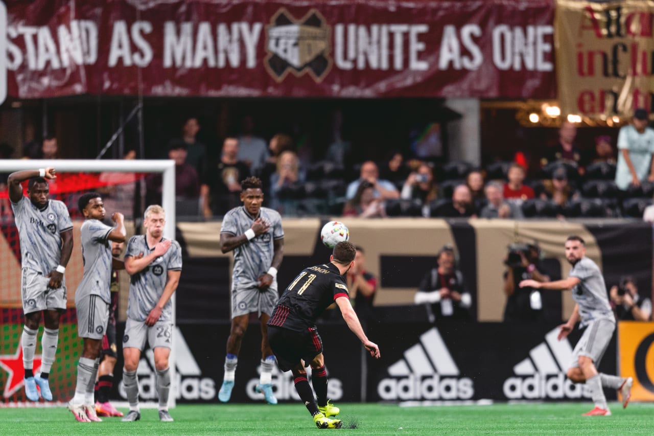 Atlanta United defender Brooks Lennon #11 scores a goal during the match against CF Montreal at Mercedes-Benz Stadium in Atlanta, United States on Saturday March 19, 2022. (Photo by Mitchell Martin/Atlanta United)