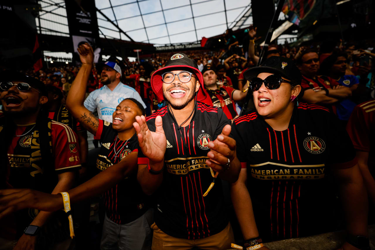 Supporters cheer during the match against Chicago Fire FC at Mercedes-Benz Stadium in Atlanta, GA on Sunday, April 23, 2023. (Photo by Alex Slitz/Atlanta United)