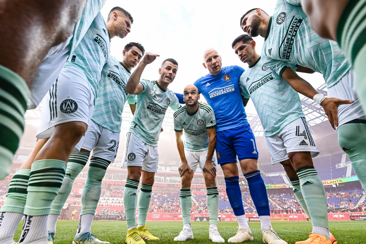 Atlanta United defender Brooks Lennon #11 leads the team huddle before the match against New York Red Bulls at Red Bull Arena in Harrison, NJ on Saturday, June 24, 2023. (Photo by Mitchell Martin/Atlanta United)