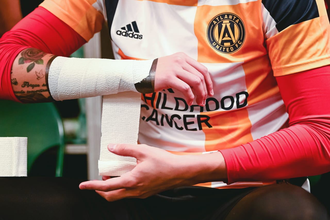 A detail of Atlanta United players getting ready in the locker room before the match against Portland Timbers at Providence Park in Portland, United States on Sunday September 4, 2022. (Photo by Dakota Williams/Atlanta United)