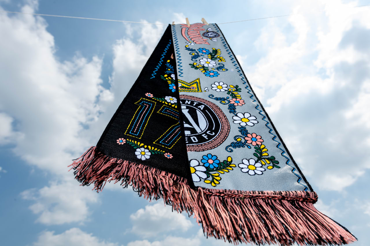 Detail image of the Latin Heritage Month scarf at Children's Healthcare of Atlanta Training Ground in Marietta, Ga., on Thursday, August 24, 2023. (Photo by Mitch Martin/Atlanta United)