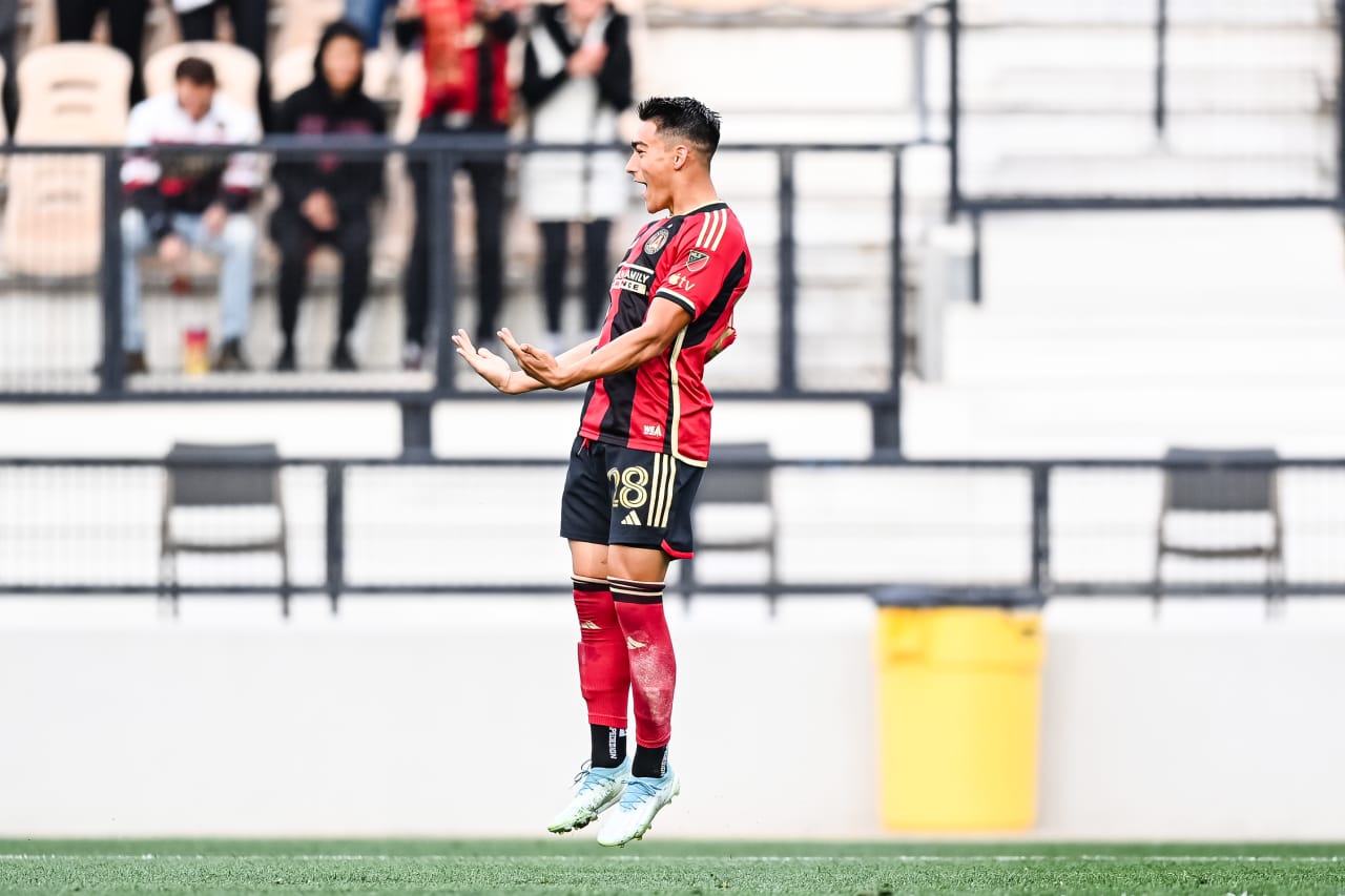 Atlanta United forward Tyler Wolff #28 celebrates after a goal during the first half of the Open Cup match against Memphis 901 FC at Fifth Third Bank Stadium in Kennesaw, GA on Wednesday April 26, 2023. (Photo by Mitchell Martin/Atlanta United)