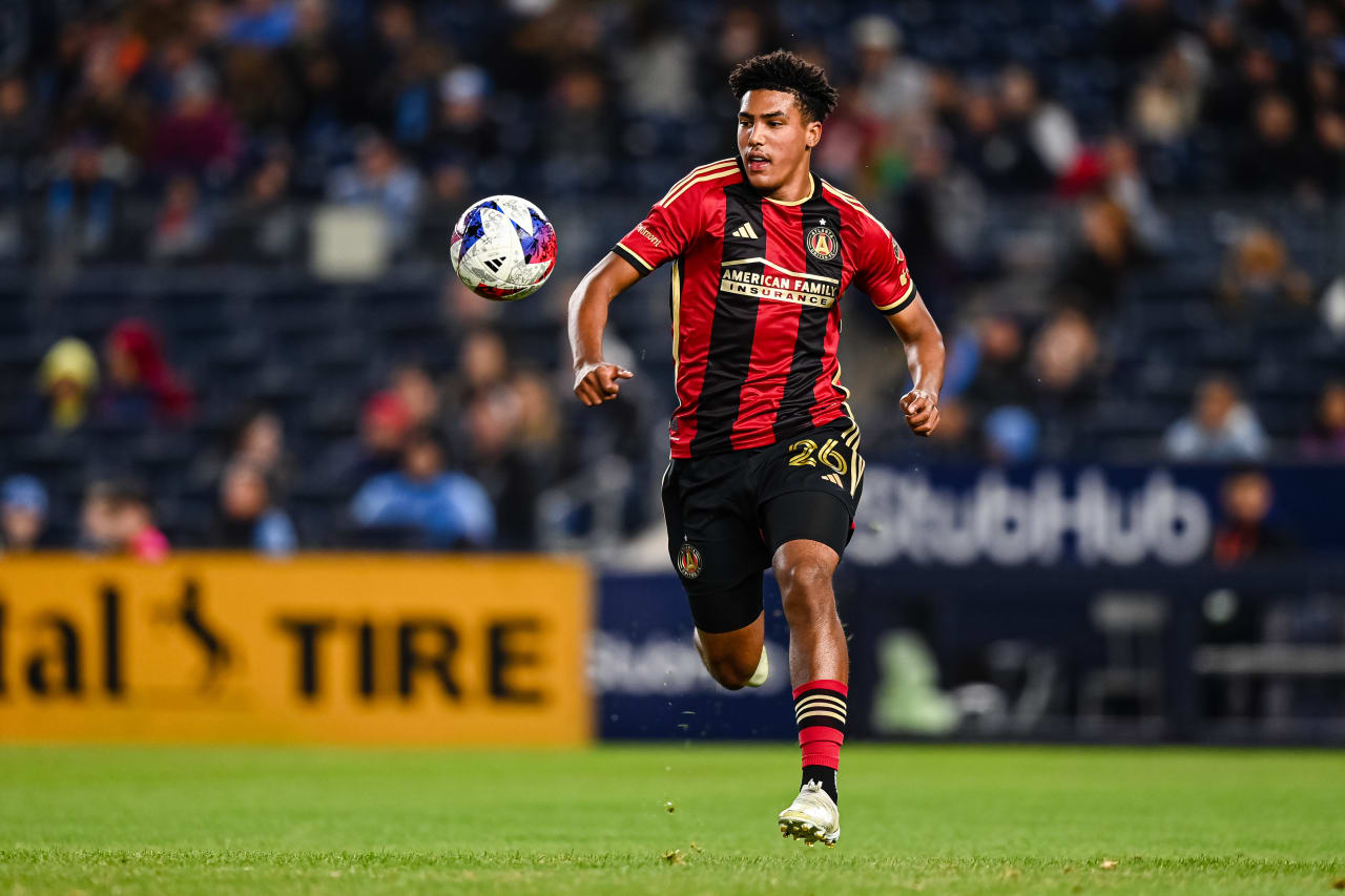 Atlanta United defender Caleb Wiley #26 dribbles during the first half of the match against New York City FC at Yankee Stadium in Bronx, NY on Saturday April 8, 2023. (Photo by Jay Bendlin/Atlanta United)