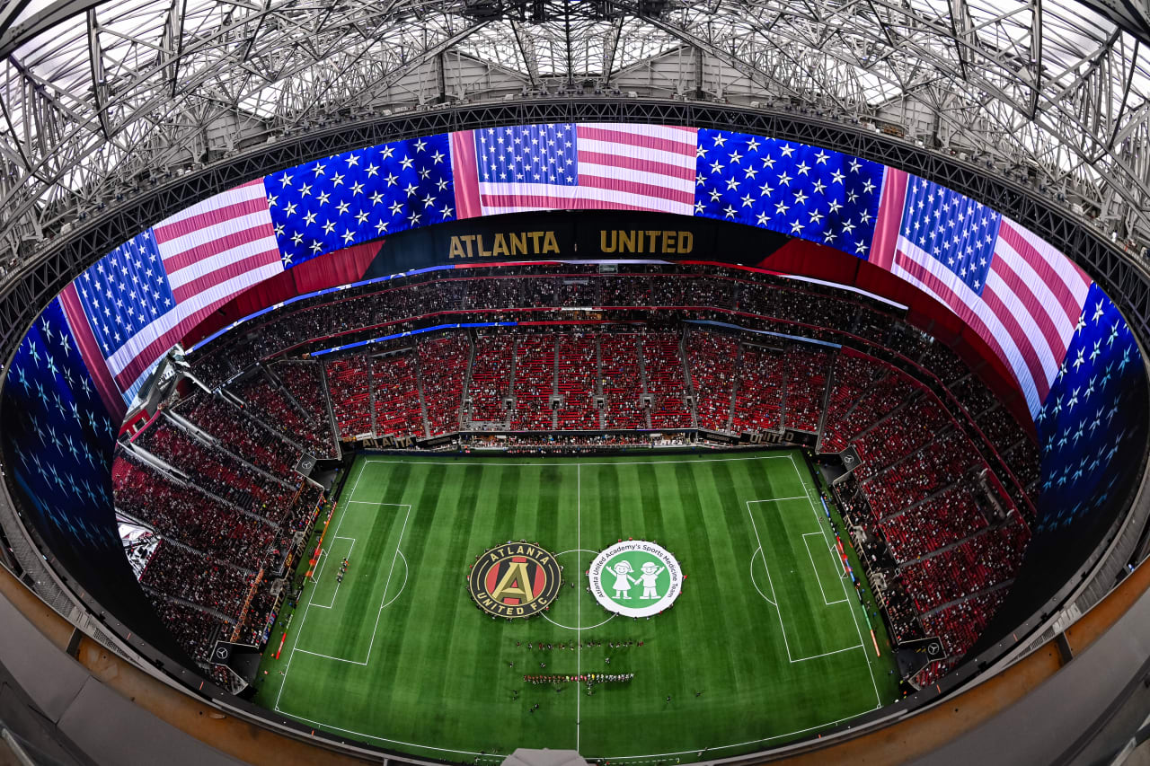 General view during the anthem prior to the match against Philadelphia Union at Mercedes-Benz Stadium in Atlanta, GA on Sunday, July 2, 2023. (Photo by Jay Bendlin/Atlanta United)