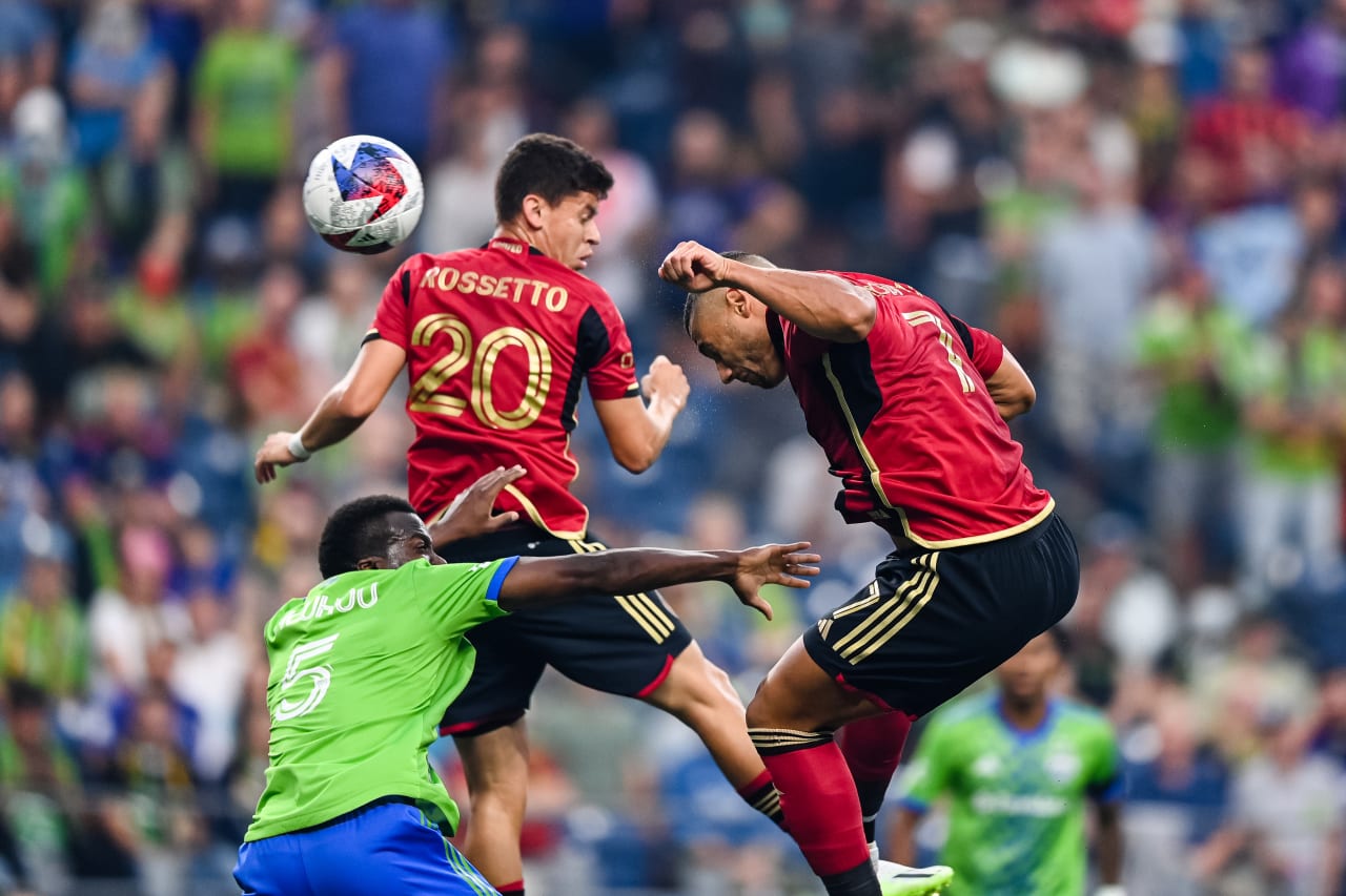 Atlanta United forward Giorgos Giakoumakis #7 heads the ball for a goal during the first half of the match against Seattle Sounders FC at Lumen Field in Seattle, WA on Sunday, August 20, 2023. (Photo by Mitch Martin/Atlanta United)