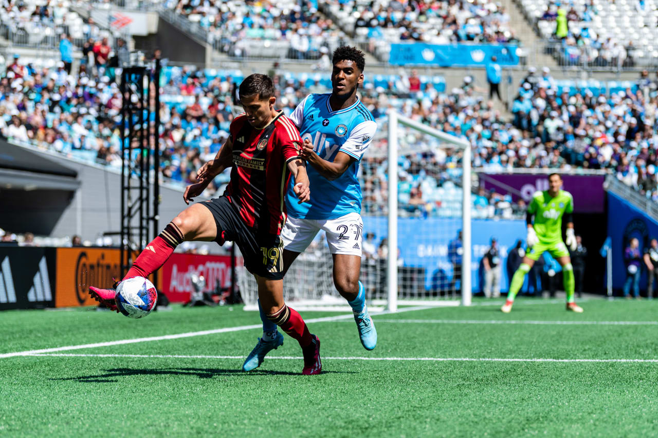 Atlanta United forward Miguel Berry #19 controls the ball during the match against Charlotte FC at Bank of America Stadium in Charlotte, North Carolina on Saturday, March11, 2023. (Photo by Mitch Martin/Atlanta United)