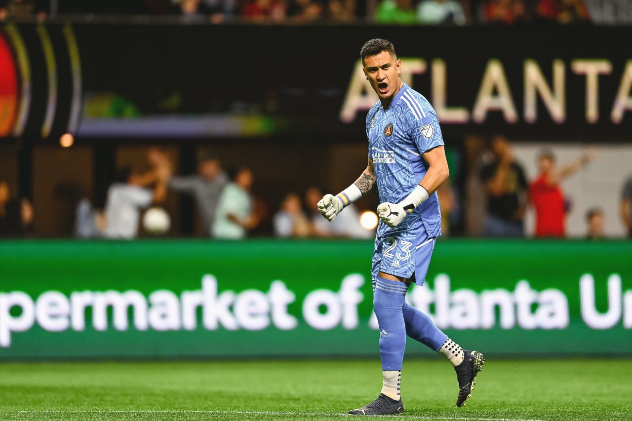 Atlanta United goalkeeper Raúl Gudiño #23 reacts during the first half during the match against Toronto FC at Mercedes-Benz Stadium in Atlanta, United States on Saturday September 10, 2022. (Photo by Mitchell Martin/Atlanta United)