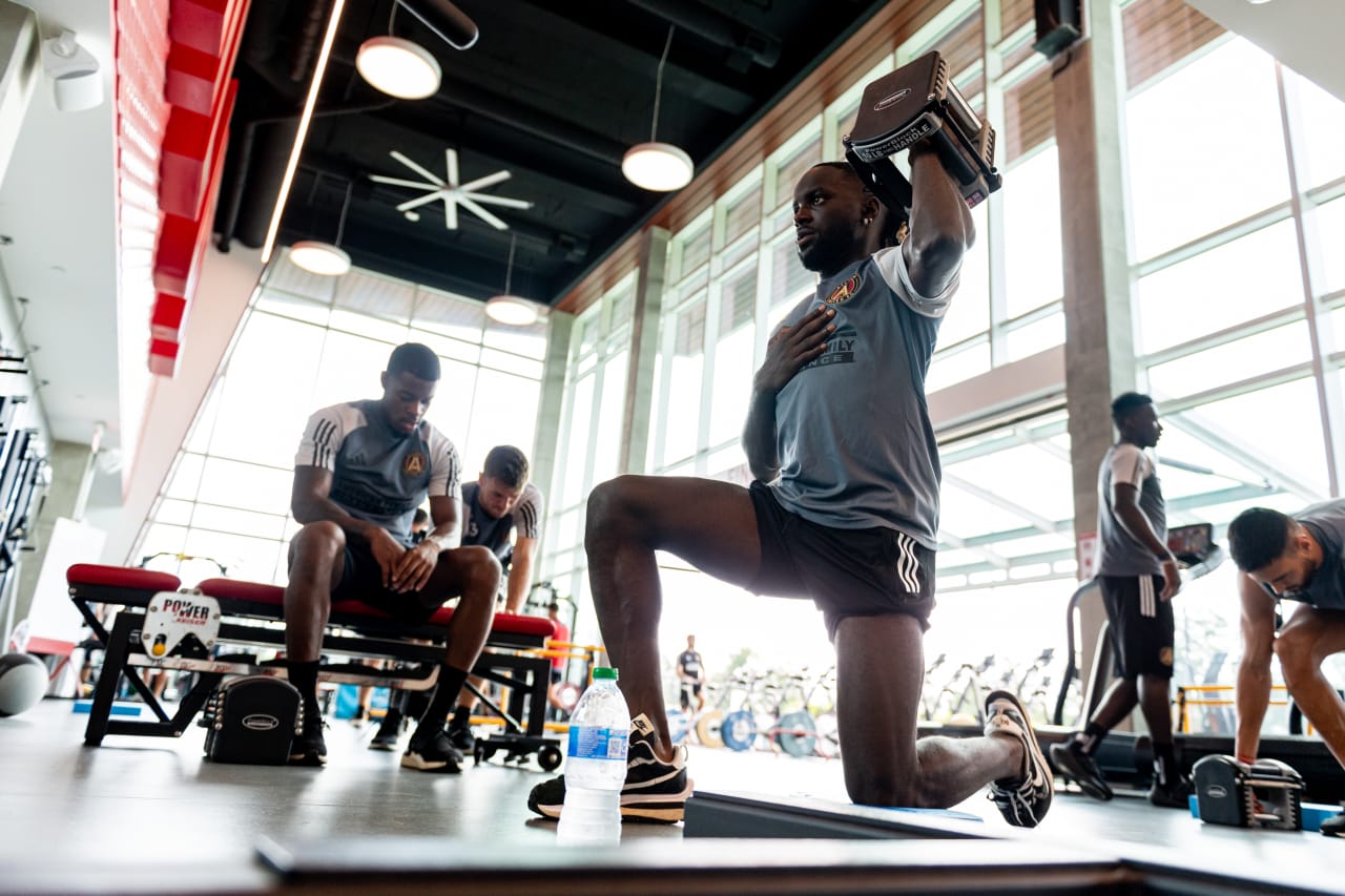 Atlanta United midfielder Tristan Muyumba #8 works out during a training session at Children's Healthcare of Atlanta Training Ground in Marietta, Ga., on Wednesday, August 2, 2023. (Photo by Mitch Martin/Atlanta United)