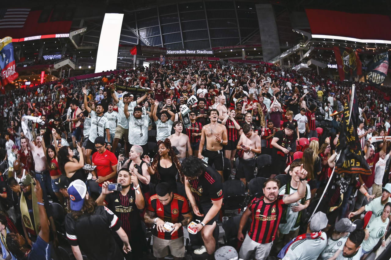 Atlanta United supporters celebrate after the match against Real Salt Lake at Mercedes-Benz Stadium in Atlanta, United States on Wednesday July 13, 2022. (Photo by Brandon Magnus/Atlanta United)