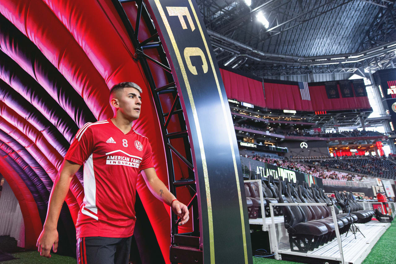 Atlanta United midfielder Thiago Almada #8 walks out for warmups before the 2022 Opening Day match against Charlotte FC at Mercedes-Benz Stadium in Atlanta, United States on Sunday March 13, 2022. (Photo by Mitchell Martin/Atlanta United)