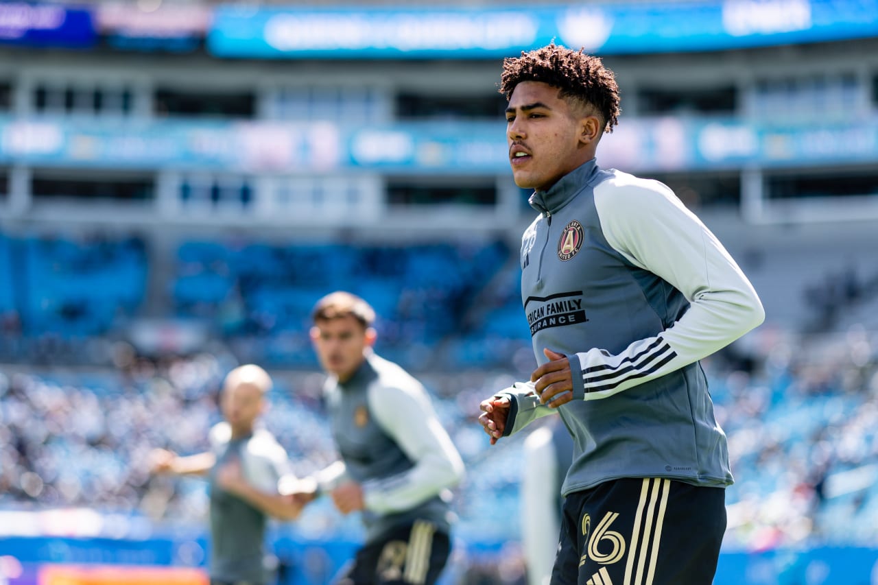 Atlanta United defender Caleb Wiley #26 warms up before the match against Charlotte FC at Bank of America Stadium in Charlotte, North Carolina on Saturday, March11, 2023. (Photo by Mitch Martin/Atlanta United)