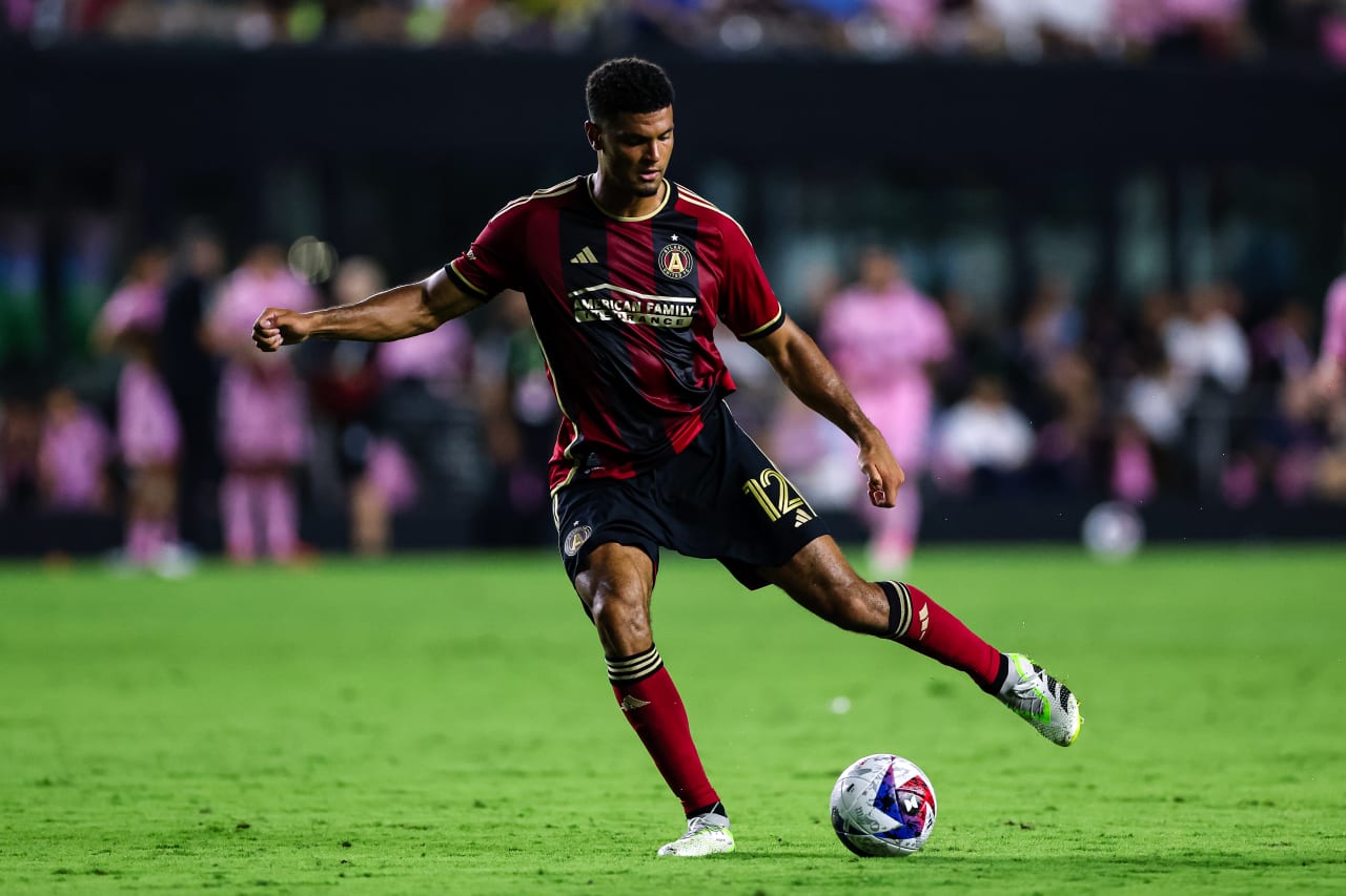 Atlanta United defender Miles Robinson #12 kicks the ball during the second half of the match against Inter Miami at DRV PNK Stadium in Fort Lauderdale, FL on Tuesday, July 25, 2023. (Photo by Brennan Asplen/Atlanta United)