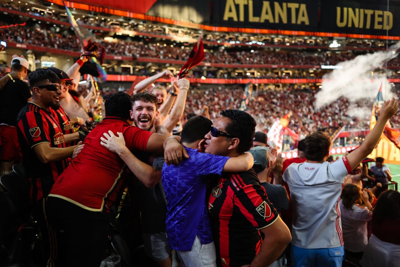 Atlanta United supporters celebrate during the match against Orlando City at Mercedes-Benz Stadium in Atlanta, GA on Saturday, July 15, 2023. (Photo by Chamberlain Smith/Atlanta United)
