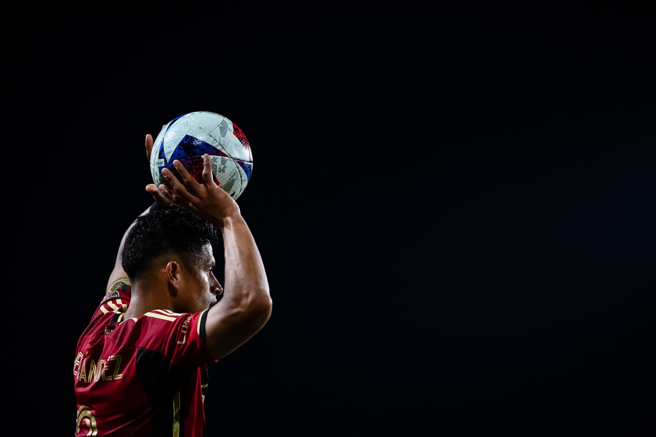 Atlanta United defender Ronald Hernandez #2 prepares to throw in during extra time of the Open Cup match against Memphis 901 FC at Fifth Third Bank Stadium in Kennesaw, GA on Wednesday April 26, 2023. (Photo by Mitchell Martin/Atlanta United)
