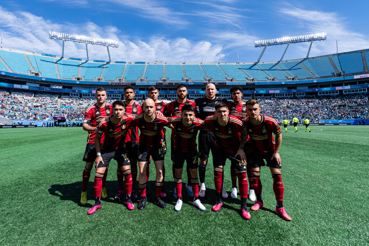The Atlanta United starting XI poses before the match against Charlotte FC at Bank of America Stadium in Charlotte, North Carolina on Saturday, March11, 2023. (Photo by Mitch Martin/Atlanta United)