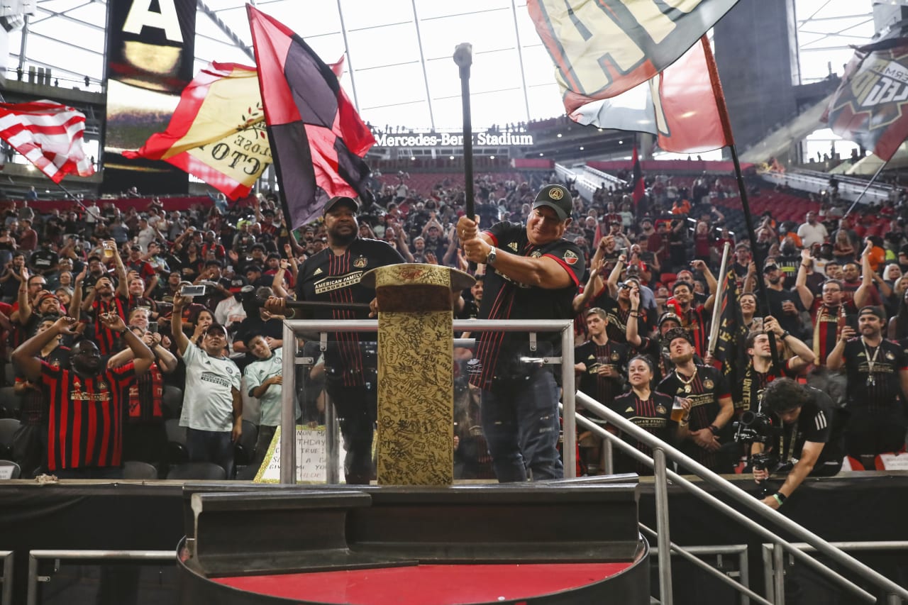 Duke & Bell hit the golden spike before the match against New York Red Bulls at Mercedes-Benz Stadium in Atlanta, United States on Wednesday August 17, 2022. (Photo by Casey Sykes/Atlanta United)