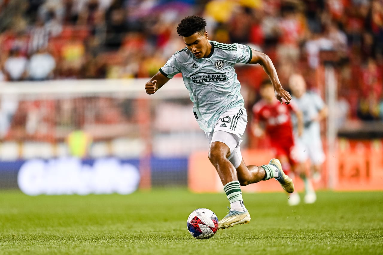 Atlanta United defender Caleb Wiley #26 dribbles the ball during the match against New York Red Bulls at Red Bull Arena in Harrison, NJ on Saturday, June 24, 2023. (Photo by Mitchell Martin/Atlanta United)