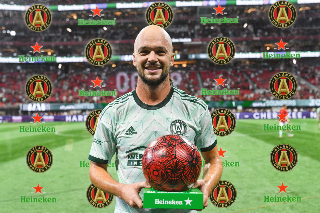 Atlanta United defender Andrew Gutman #15 poses after scoring the game-winning goal against Seattle Sounders FC at Mercedes-Benz Stadium in Atlanta, United States on Saturday August 6, 2022. (Photo by AJ Reynolds/Atlanta United)