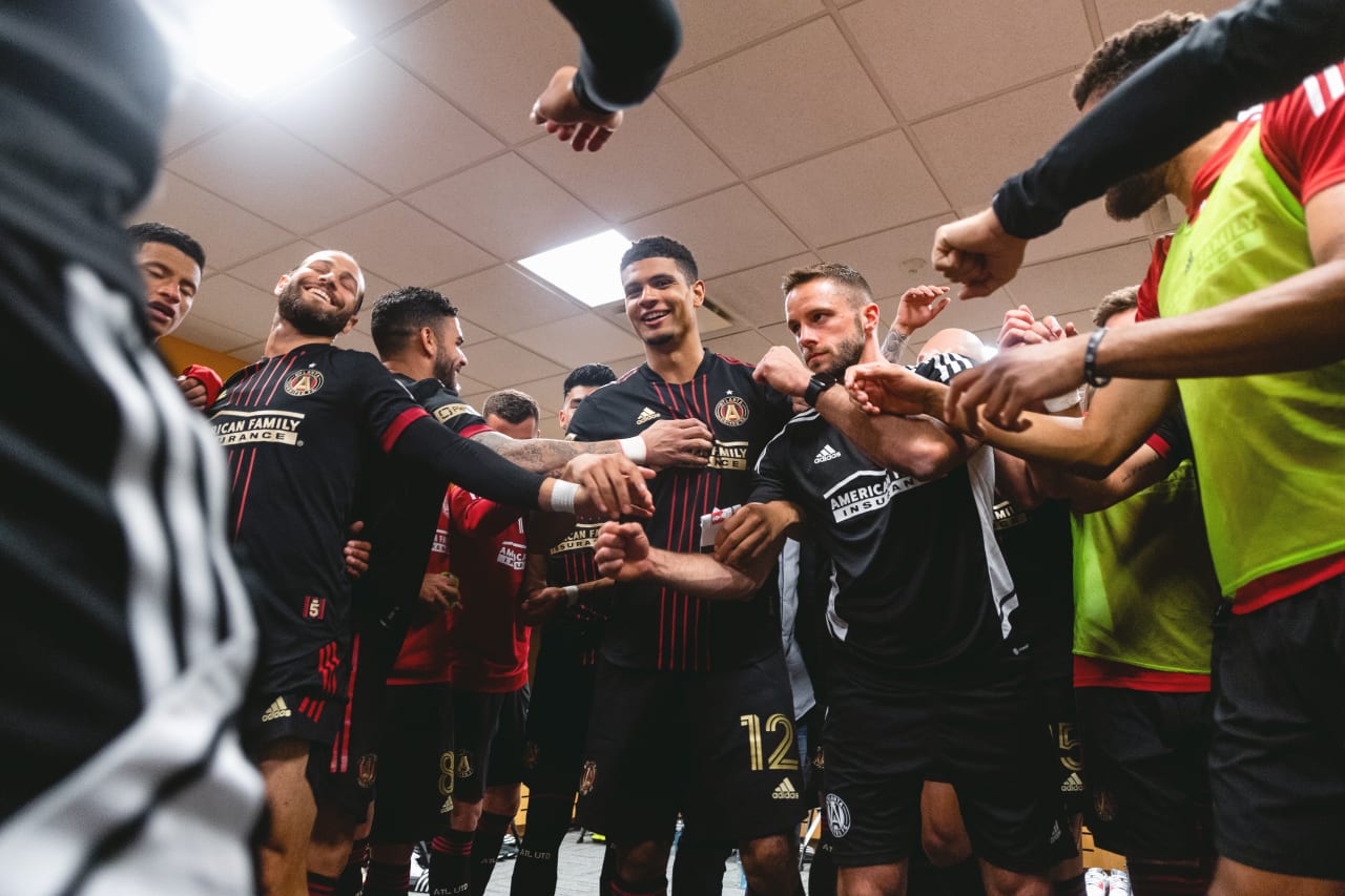 Atlanta United players huddle in the locker room before the match against Chattanooga FC at Fifth Third Bank Stadium in Kennesaw, United States on Wednesday April 20, 2022. (Photo by Dakota Williams/Atlanta United)