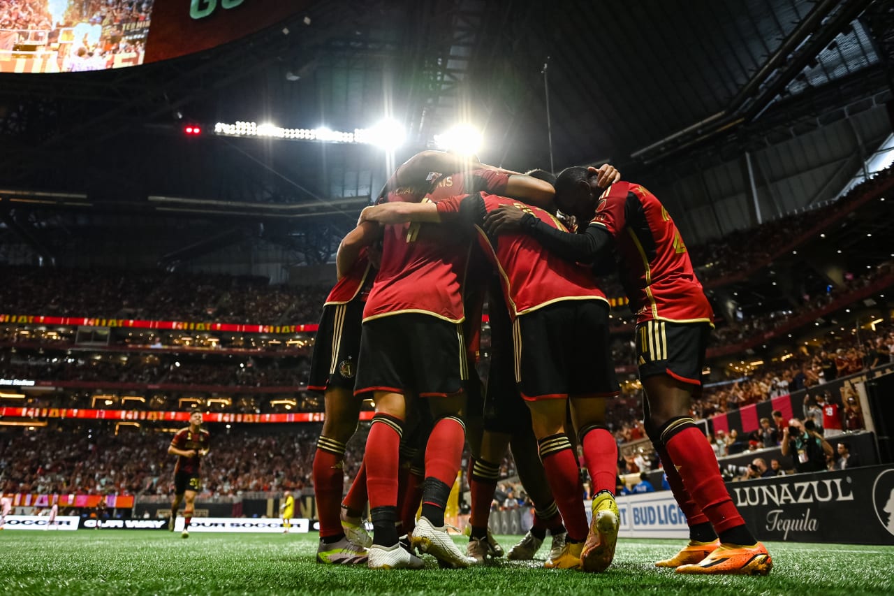 Atlanta United celebrates after a goal in the match against Inter Miami at Mercedes-Benz Stadium in Atlanta, GA on Saturday, September 16, 2023. (Photo by Mitch Martin/Atlanta United)