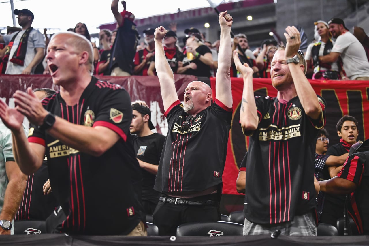 Atlanta United supporters cheer during the match against Orlando City at Mercedes-Benz Stadium in Atlanta, United States on Sunday July 17, 2022. (Photo by Kyle Hess/Atlanta United)