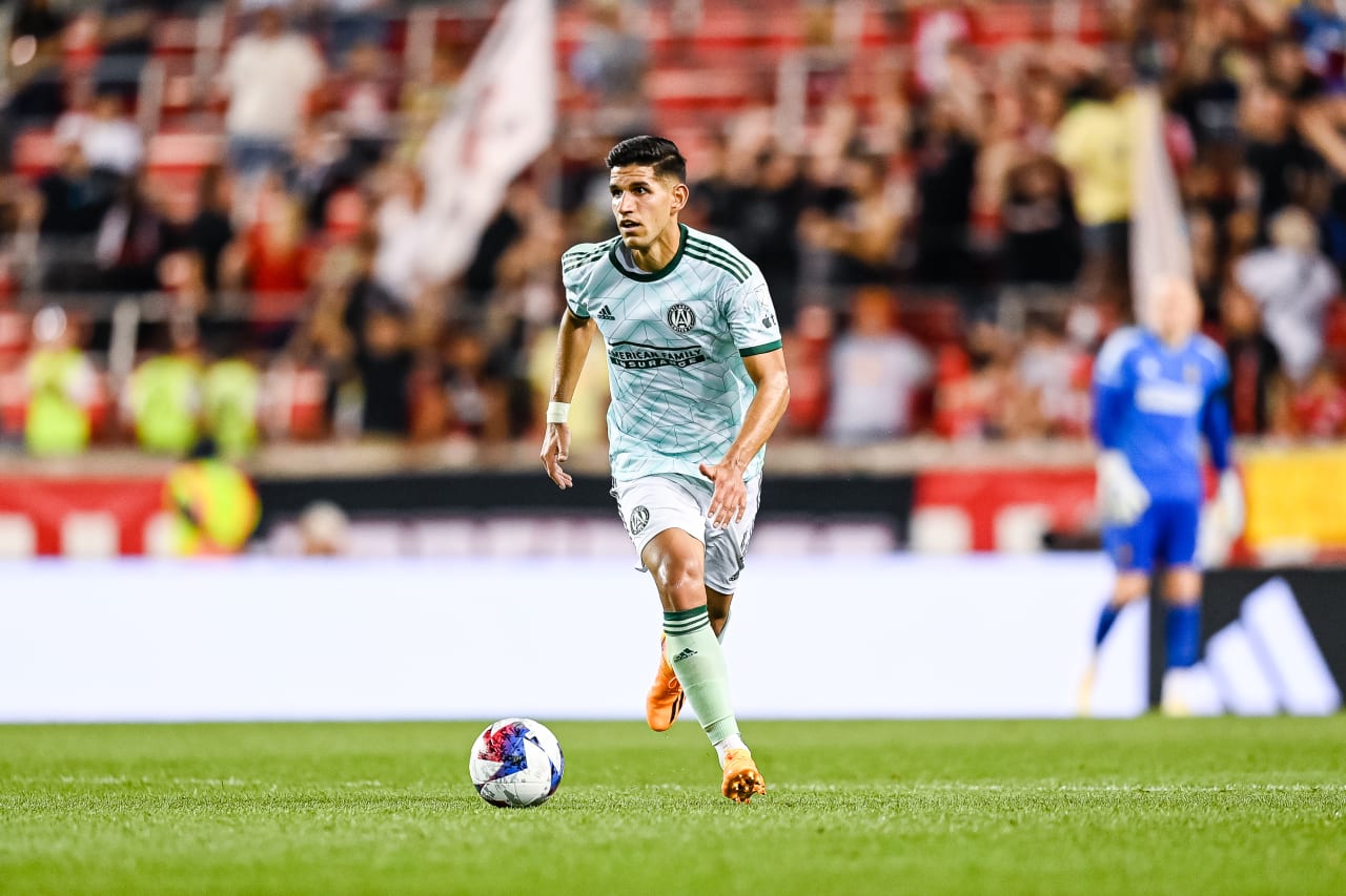 Atlanta United defender Luis Abram #4  dribbles the ball during the match against New York Red Bulls at Red Bull Arena in Harrison, NJ on Saturday, June 24, 2023. (Photo by Mitchell Martin/Atlanta United)