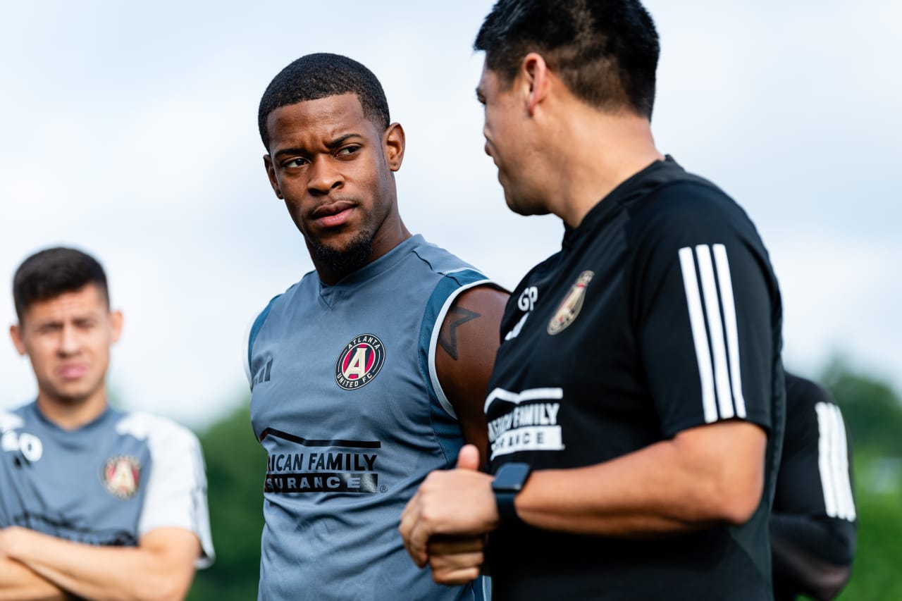 Atlanta United forward Xande Silva #16 speaks to the coaching staff during a training session at Children's Healthcare of Atlanta Training Ground in Marietta, Ga., on Wednesday, August 2, 2023. (Photo by Mitch Martin/Atlanta United)