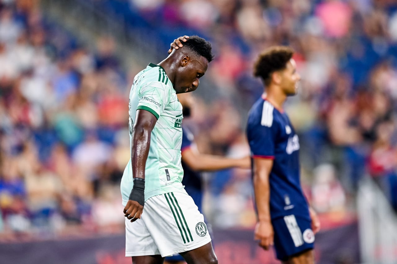 Atlanta United midfielder Derrick Etienne Jr. #18 reacts during the match against New England Revolution at Gillette Stadium in Foxborough, MA on Wednesday, July 12, 2023. (Photo by Jay Bendlin/Atlanta United)