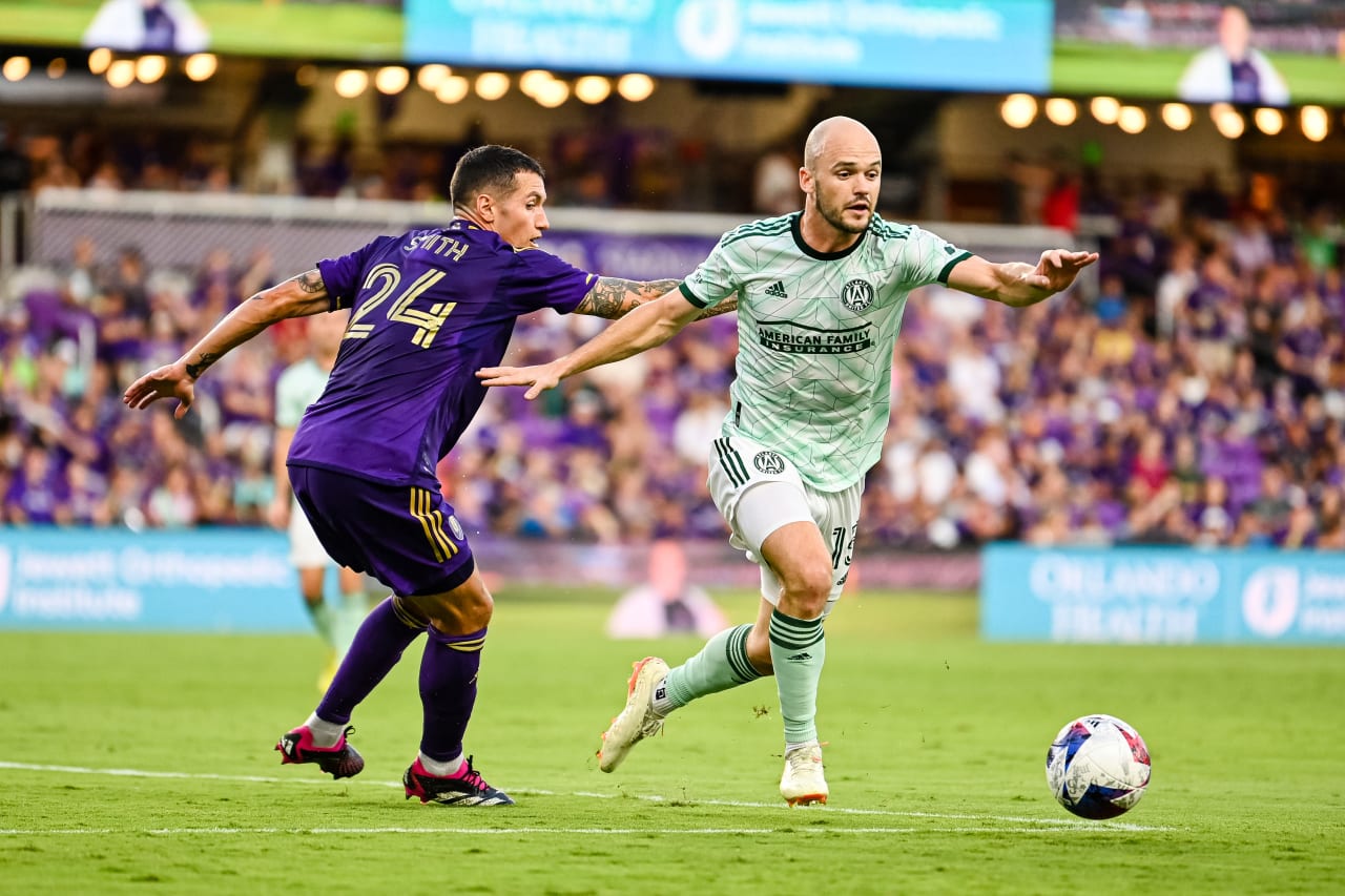 Atlanta United defender Andrew Gutman #15 runs with the ball during the match against Orlando City at Exploria Stadium in Orlando, FL on Saturday, May 27, 2023. (Photo by Mitchell Martin/Atlanta United)