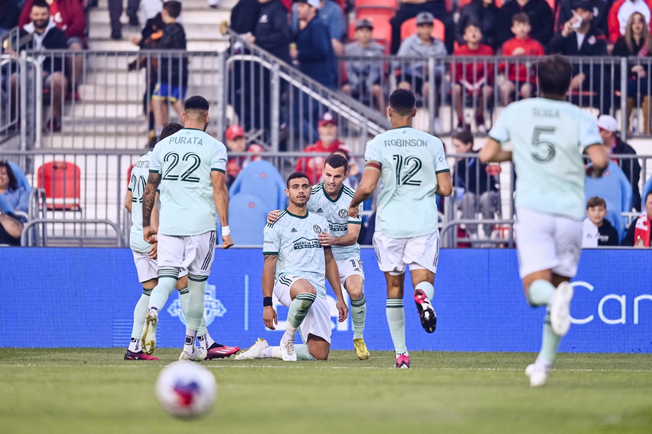 Atlanta United forward Giorgos Giakoumakis #7 celebrates after scoring in the first half during the match against Toronto FC at BMO Field in Toronto, Canada on Saturday, April 15, 2023. (Photo by Brandon Magnus/Atlanta United)