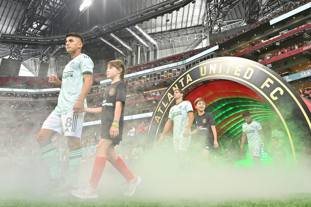 Atlanta United players walk out prior to the match against Seattle Sounders FC at Mercedes-Benz Stadium in Atlanta, United States on Saturday August 6, 2022. (Photo by Dakota Williams/Atlanta United)