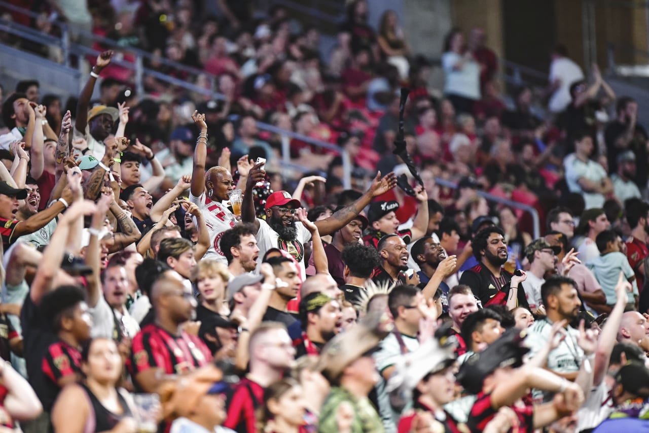 Atlanta United supporters cheer during the match against Real Salt Lake at Mercedes-Benz Stadium in Atlanta, United States on Wednesday July 13, 2022. (Photo by Kyle Hess/Atlanta United)