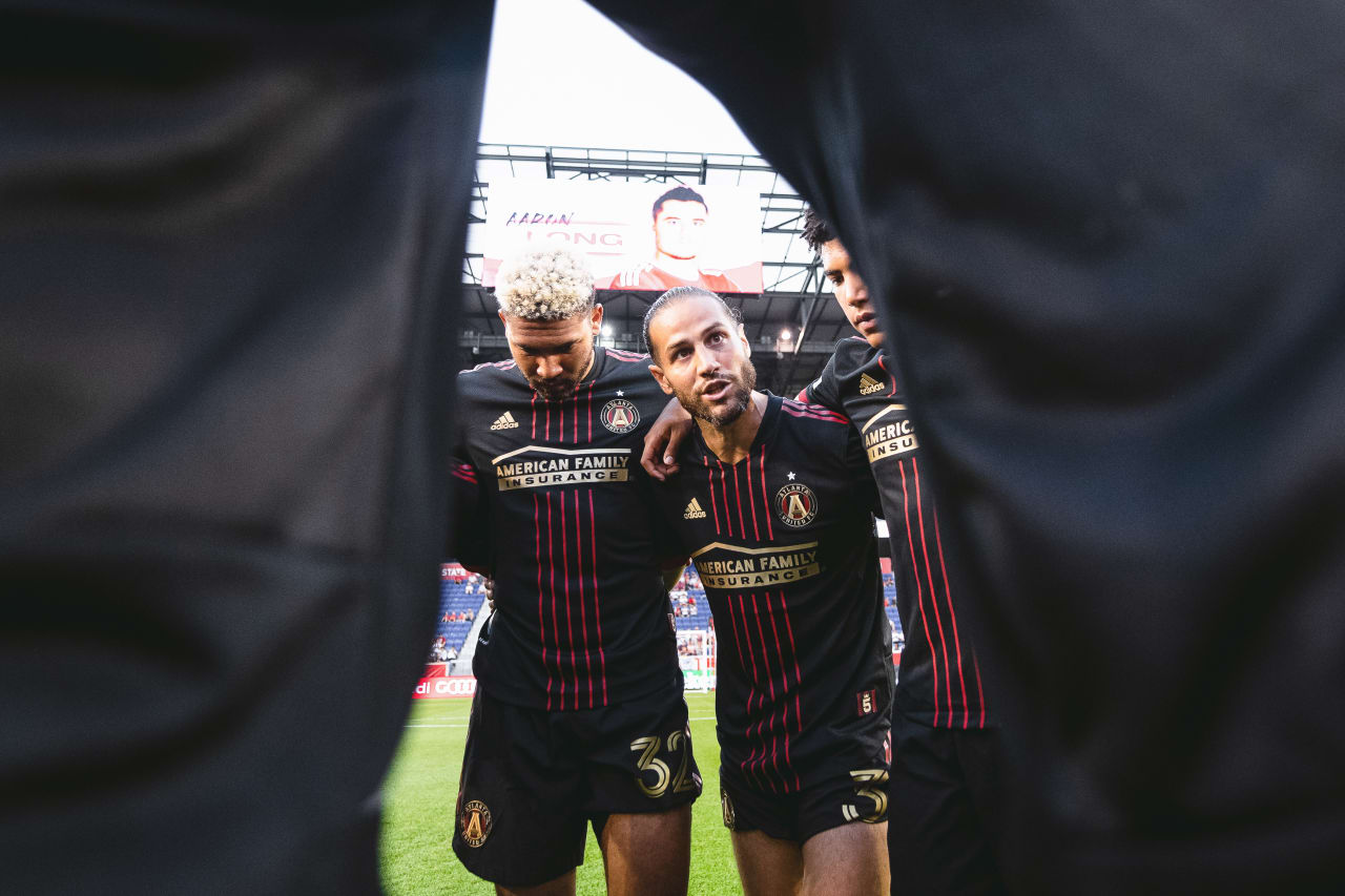 The Atlanta United Starting XI huddle prior to the match against New York Red Bulls at Red Bull Arena in Harrison, United States on Thursday June 30, 2022. (Photo by Dakota Williams/Atlanta United)