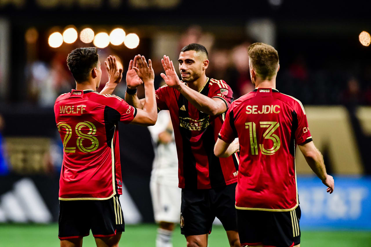 Atlanta United forward Tyler Wolff #28 celebrates with teammates after scoring a goal during the match against D.C. United at Mercedes-Benz Stadium in Atlanta, GA on Saturday June 10, 2023. (Photo by Alex Slitz/Atlanta United)